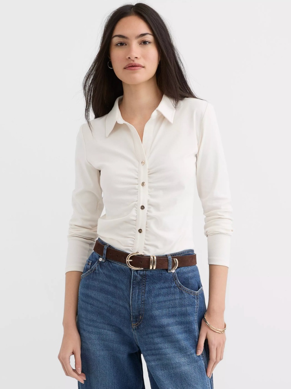 NWT LOFT Cream Ruched Button-Front Shirt
